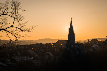 Bern city silhouette at sunset, European Old Town, Switzerland
