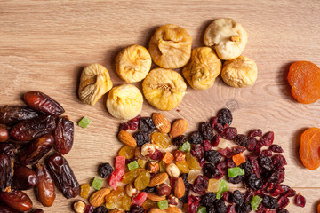Dried fruits and nuts on wooden background