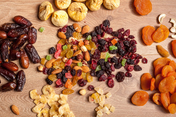 Dried fruits and nuts on wooden background