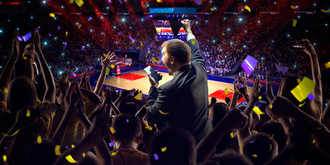 Business person in basketball court Fans on stadium game