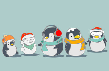 Cute penguins wallpaper in a merry Christmas greetings. Isolated penguins cartoon vector illustration.