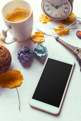 Top view smartphone mock up template with black screen