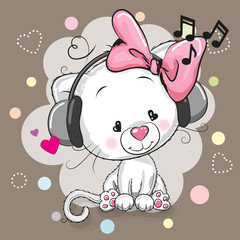 Cute cartoon kitten with headphones