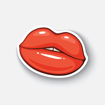 Vector illustration. Female red lips. Sexy kiss. Cartoon funny sticker in comic style with contour. Decoration for greeting cards, posters, patches and prints for clothes, flyers, emblems