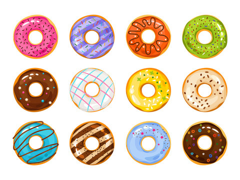 Sweets donuts sugar glazed. Vector fries pastry doughnut icons with holes isolated on white background