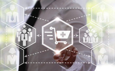 businessman presses moving shopping cart button with a plus. Businesswoman touching icon ride trolley with a plus on touch screen. Business, buy concept. hexagon. add to shopping, online store, shop