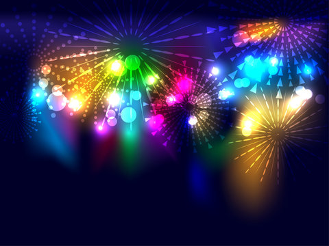 Festive colorful fireworks on dark blue background. Vector illustration. Bokeh light for party and celebration.