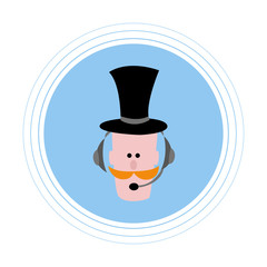 A man in a black cylinder with headphones with microphone. Flat icon avatar.