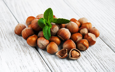 hazelnuts on a wooden table