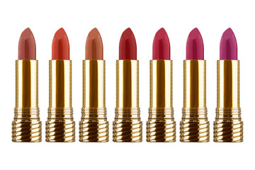 Seven different colors lipstick samples in golden tubes, isolated on white background, clipping paths included