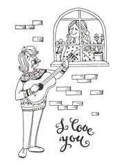Sketch hand-drawn cartoon man takes a serenade under the window of his beloved.