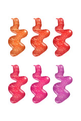Six different colors smeared lip gloss samples, isolated on white background, clipping paths included