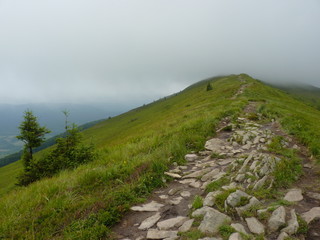 
Foggy mountains. Trail in the mountains in the mist. Beautiful landscape rainy clouds moody weather scenic background. 