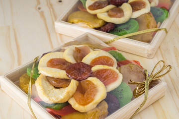 Dried fruits plate. Food gift.