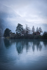 Foggy lake atmosphere in Interlaken , Switzerland on 30 November 2016