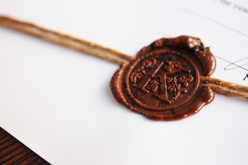 Old notarial wax stamp on document, closeup