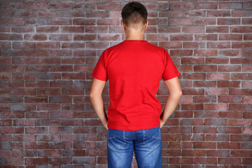 Obraz na płótnie Canvas Handsome young man in blank red t-shirt standing against brick wall
