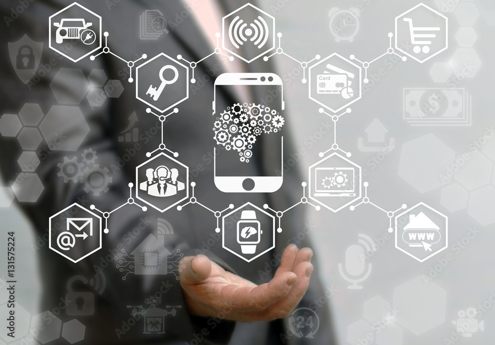 Poster business smartphone brain gear web development ideas computing concept. brainstorm smart iot online 