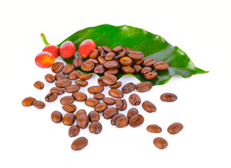 coffee grains and leaves on white background