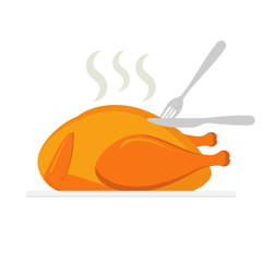 Roasted chicken being cut by knife and fork isolated on white background.