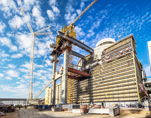 Building of new nuclear power plant. Crane is working