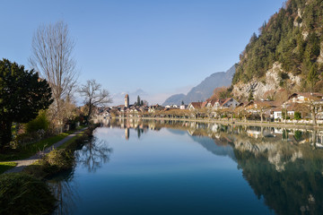 Fototapeta na wymiar Interlaken in the morning, 30 november 2016, Switzerland, European City near the Alps