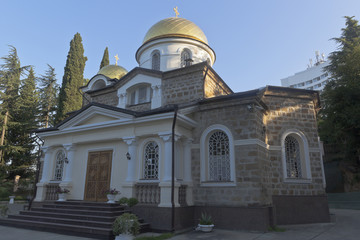 Fototapeta na wymiar Transfiguration Church in Hosta district of Sochi city early morning, Krasnodar region, Russia