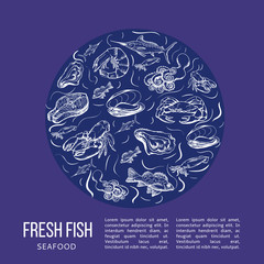 Seafood concept. Template with fish silhouettes for menu or brochure. Vector illustration