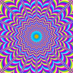 Iridescent background with blue flower. Motion illusion.