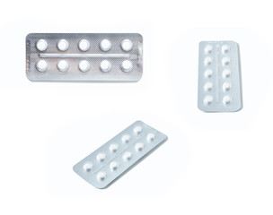 Aluminium blister pack of pills. The capsules are packaged in blisters, isolated on a white background. Disease. Flu. Medications.
