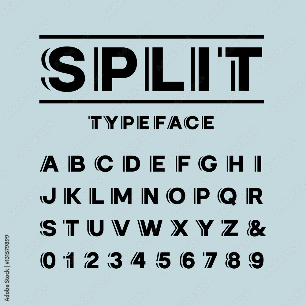 Poster bold font. vector alphabet with split effect letters and numbers