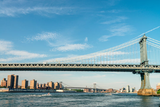 Brooklyn Bridge in New York City at sunset. Vivid splittoned image.  

