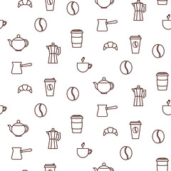 Coffee house line icons seamless vector pattern. Barista tools background.