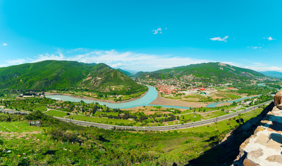 Panoramic view of the city of Mtskheta from the mountain on which stands the monastery Jvari. Place where three rivers converge. Georgia.