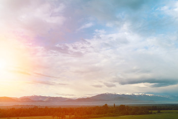 Valley view with mountains in the background at sunrise. Georgia. Caucasus mountains