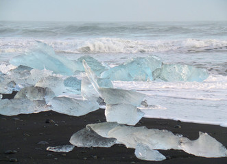 Uncountable Beautiful Icebergs on the Black Sand Beach of South Iceland