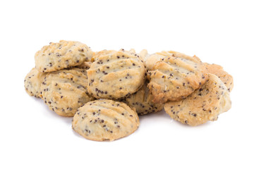 Chocolate chip cookies on white background.