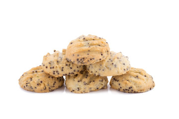 Chocolate chip cookies on white background.