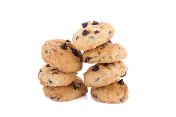 Chocolate chip cookies on white background.