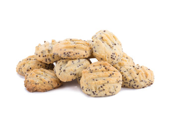 Chocolate chip cookies on white background.
