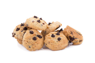 Chocolate chip cookies on white background.