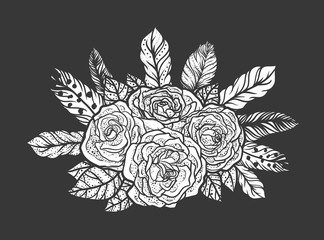 Blackwork tattoo of rose and feathers bouquet. Very detailed vector illustration. Boho design for print, posters, t-shirts