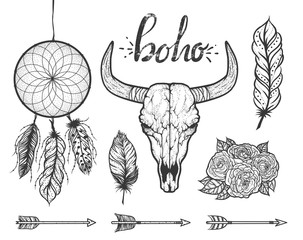 Set of Boho elements. Bull skull native Americans tribal style. Tattoo blackwork. Vector hand drawn illustration.