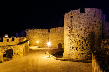 Medieval city walls in Rhodes town night , Greece © vladimircaribb