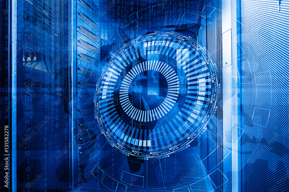 Poster futuristic techno design on background of supercomputer data center