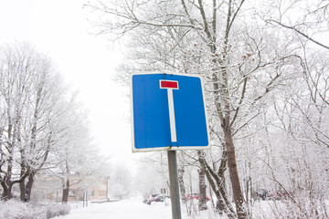 The Dead End road sign on winter sky and trees background.