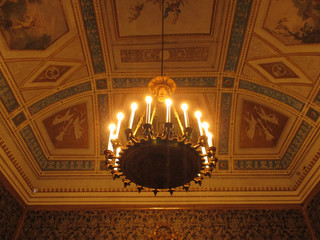 Classy vintage style chandelier hangs from the stunning painted ceiling