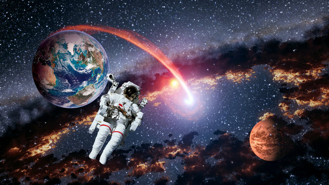Astronaut planet Earth Mars spaceman launch outer space galaxy universe. Elements of this image furnished by NASA.