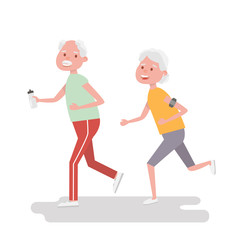 Obraz na płótnie Canvas Senior people on scamper . Elderly woman run with armband for jogging. Adult people sport activities. Vector Illustration
