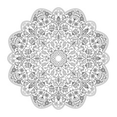Outline Mandala With Flowers And Insects.